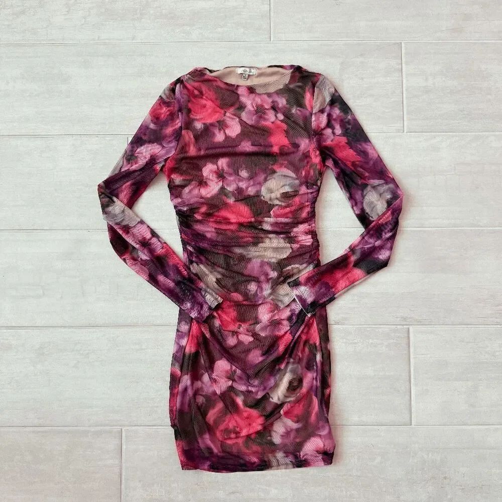 Blashe Mini Dress Long Sleeve Wide Neck Floral Side Ruched Sheath Black Pink S